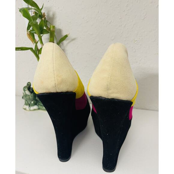 Pre-Owned Alba Color Black Yellow 5" High Heel Open Toe Wedges SZ 6 Disco - Picture 6 of 8